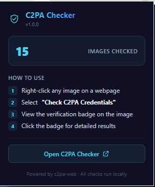 C2PA Checker Chrome Extension popup showing image counter and quick access menu — powered by c2pa-web