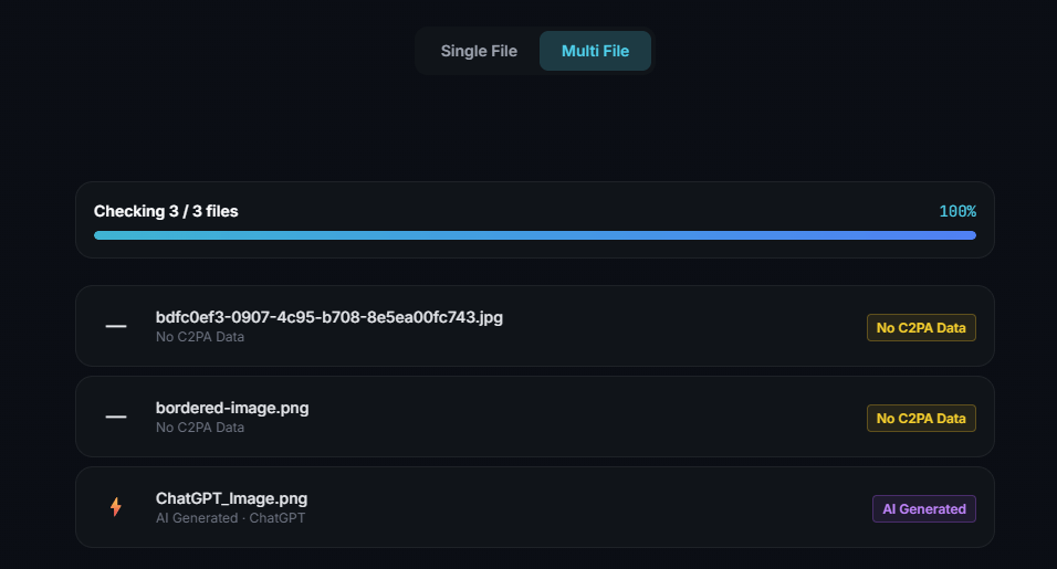 C2PA bulk check showing multiple file results
